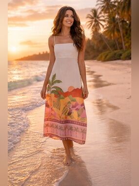 Anthropologie Paper Heart Palm Tropical Resort Toucan Bird Sunset Maxi Dress M